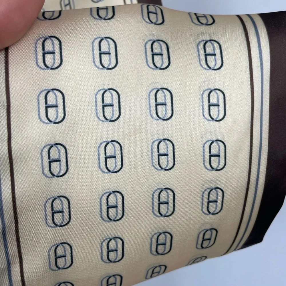 Brown Cream Thin Ribbon Printed Angled Hem Rectangle‎ Scarf